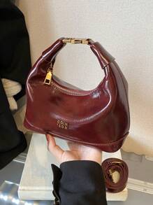 高级光泽感勃艮第红复古手提包，小众设计时尚斜挎包，优质质感经典优雅单肩包，日常百搭，适合日常搭配、摄影约会使用 - 酒紅色 - 查看 9