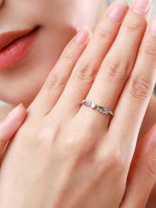 1pc 925 Sterling Silver Cross Shaped Heart Ring With Shiny Zirconia Stones, Quality Elegant Jewelry For Women