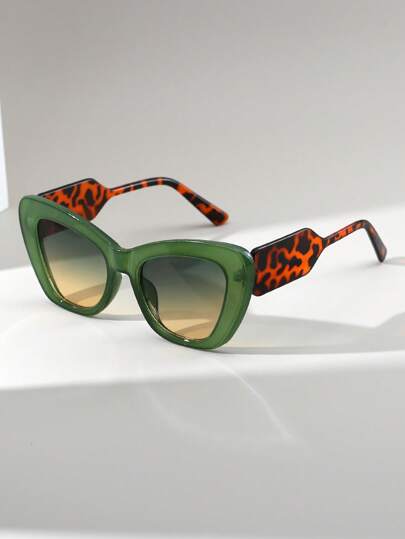 1 Pair Women's Green Cat Eye Fashion Glasses, Beach Vacation Retro Accessory, Summer Business Casual Gift, Leopard Print