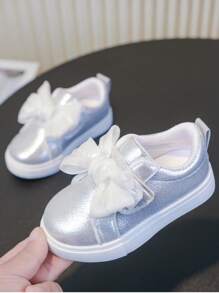 女童/幼儿时尚蝴蝶结装饰休闲运动鞋，可爱多彩的外观，柔软舒适的鞋底，适合学生、小公主日常时尚装扮和各种运动 - 銀色 - 查看 6