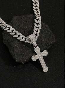 1pc Men's Double Layer Fully Rhinestone Cross Pendant Necklace, Fashionable Personalized Titanium Steel Tennis Chain - Cross Necklace - View 5