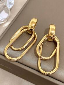 1Pair Double Circle Square Earrings Golden Dangle Earrings For Women Stainless Steel Earrings For Daily Party Birthday Christmas Jewelry Gifts