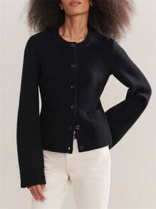 Women's Solid Color Cardigan Long Sleeve Crew Neck Button Down Sweater Knit Tops With Pockets Fall Fashion For Women - Black - View 1