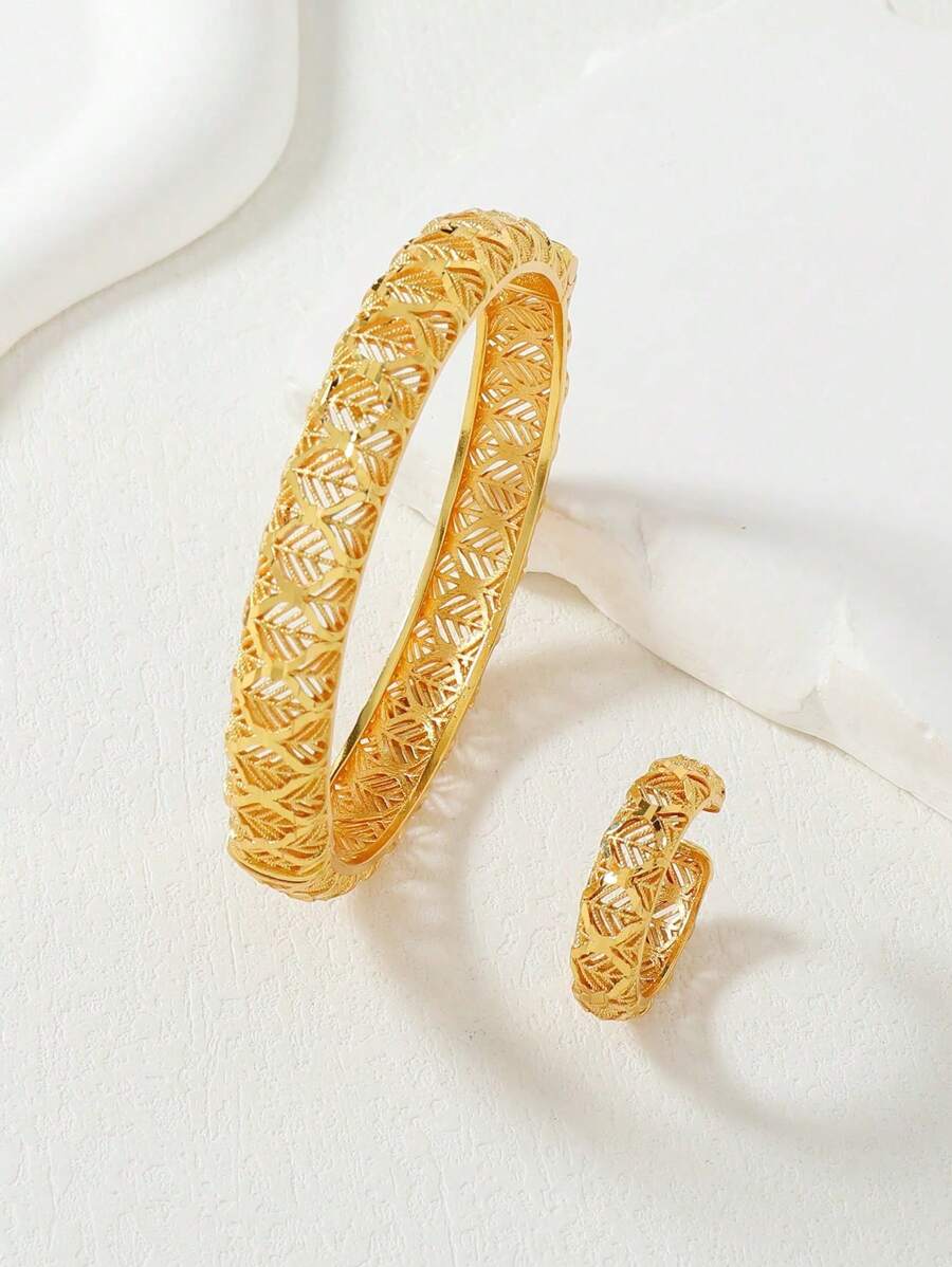 1 套复古景泰蓝镂空十字交叉图案手镯和戒指套装，女士奢华婚礼配饰 - 金色 - 查看 1