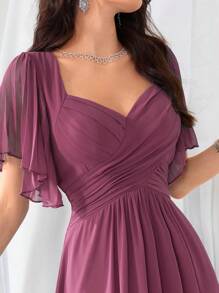 Flounce Sleeve Back Sweetheart Neck Solid Color Tulle Dress, Bridesmaid Dress, Bride Dress, Birthday Women Outfits, Graduation Dress, Formal Dress - Red Violet - View 5