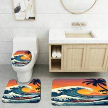1 conjunto, patrón de ola, paisaje de puesta de sol, coche, tabla de surf, juego de 3 piezas de alfombra de baño de elementos diarios, alfombra de baño absorbente y lavable, alfombra de baño antideslizante, tapa de inodoro, alfombra de baño gruesa y suave, ducha, cocina, lavandería, baño, sala de estar, dormitorio, alfombra de interior, accesorio de decoración del hogar