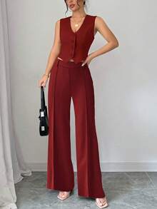 Women's 2Pcs Red Date Night Front Buckle V-Shaped Hem Solid Button Front Vest Jacket & Seam Front Pants Two Pieces Set, Suitable For Spring/Summer Office Lady - Red - View 3