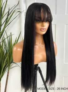 Peluca con flequillo de cabello humano con raya al medio, 1B 13x4 Encaje Frontal, para uso diario de las mujeres, color negro natural, peluca con flequillo aireado de encaje frontal de cabello humano, densidad del 180%, 16-34 pulgadas, estilo de cabello liso negro gótico de Halloween - SNatural - Ver 3