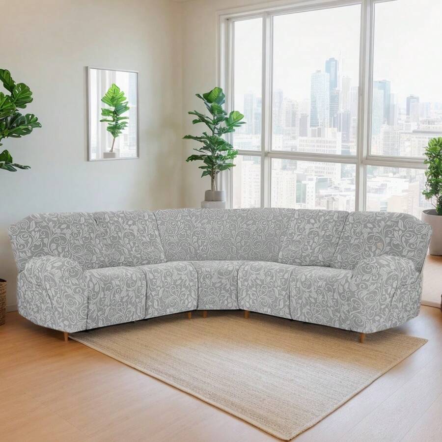 5 Seat Sofa Recliner L Shape Sofa Sover Sectional Sofa Cover Stretch L Shape Corner Sofa Lounge Couch Slipcovers Elastic Printed Curved Shape Sectional Sofa Furniture Protector For Home Living Room - Grey - View 1