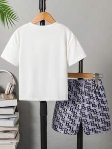 Tween Jungen Set mit kurzärmligem T-Shirt und Shorts mit Buchstabengrafik - Weiss - Übersicht 2