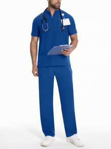 Men's Short Sleeve Work Uniform, Veterinary/Pet Grooming Service Outfits With Pockets, Breathable Suit - Blue - View 7