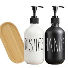 WCIC 2个500毫升/16.9盎司黑白洗手洗碗液套装，厨房水槽台面收纳架，皂液瓶、洗发水和护发素分配器（带托盘/刷子）、可重复灌装洗发水分配器（带泵）、字母皂液瓶，厨房洗碗洗手液瓶，浴室可重复灌装台面洗手液瓶，适用于浴室、厨房、酒店。 - 黑與白 - 查看 13