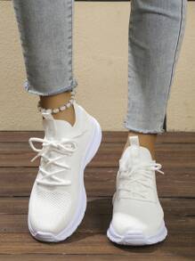 Women's 24 New Color Block Pattern Hollow Breathable Retro Floral Lightweight Lace-Up Sneakers For Road Running And Sports - White - View 4