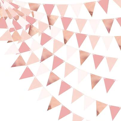 3 Meters/9.84ft Rose Gold Party Decorative Colorful Triangle Flag Paper Pennant Garland, Suitable For Wedding, Birthday, Anniversary, Bridal Shower, Home & Outdoor Garden Decor