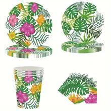 10pcs Hawaiian Tropical Luau Party Supplies Green Leaf With Flowers Design Paper Plates Cups Napkins For Summer Themed Parties Decoration