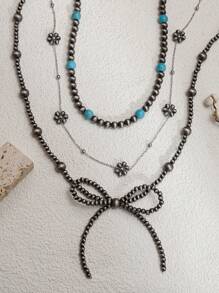 Set de 3 collares con lazo, flor, perla negra falsa y cuentas de turquesa para mujer. Estilo vaquero occidental con cadena de cuentas plateadas de material CCB, hechos a mano, regalo de cumpleaños, regalo de amistad, regalo de joyería