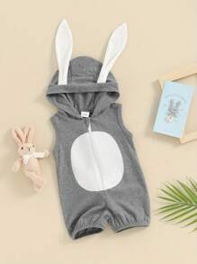 Infant Baby Easter Hooded Romper Cute Sleeveless Zip Up 3D Rabbit Ear Contrast Color Jumpsuit Toddler Clothes For Boys Girls Cute Style