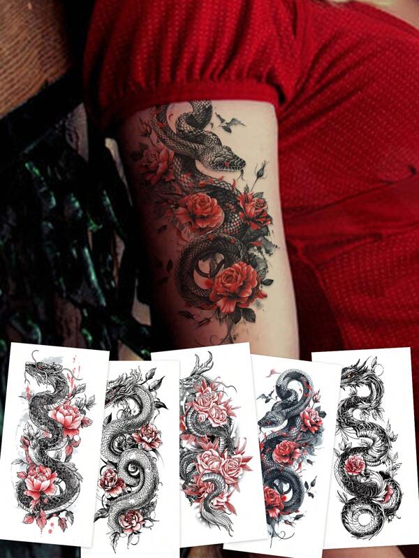 5pcs Colorful Animal & Floral Temporary Tattoo Designs, Large Dragon & Rose Flower Combination, Realistic Effect, Waterproof & Scratch Resistant, Suitable For Arms, Back, Waist, Legs
