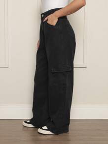 Women's Black Cargo Jeans With Pocket - 黑色 - 查看 3