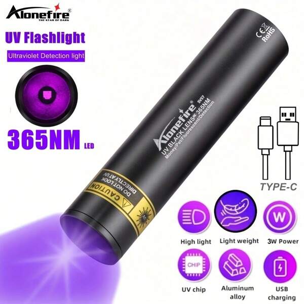 Alonefire Mini lampe de poche UV LED 365nm haute luminosité, lampe noire rechargeable par USB de poche, petite, vérification de l'encre invisible, marqueur de fuite, durcissement de vernis à ongles et de résine, détection de fluorescence pour animaux de compagnie, minéraux, argent, scorpion. Accessoire de camping.