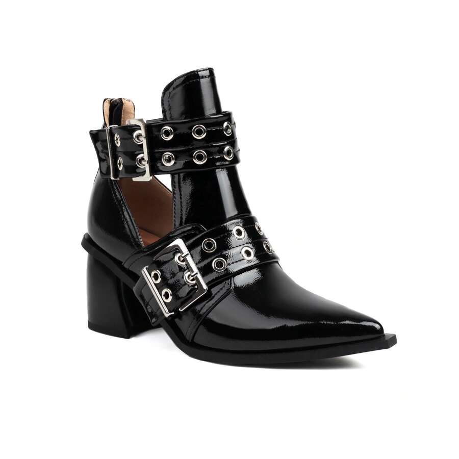 Women's Cutout Double Buckle Strap Booties Pointed Toe Chunky Block Heel Boots With Back Zipper Summer Ankle Boots Dressy Heeled Sandal - 黑色 - 查看 1