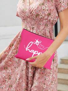 Make-uptas met opdruk van de letters "Happy" en een klein bijenpatroon - lichtgewicht en geurloze reistas van polyester, geschikt voor natuurliefhebbers en vrouwen, leuke multifunctionele canvas tas in cartoonstijl, perfect cadeau voor tieners, verjaardags- en reisaccessoires, vakantiecadeaus, boho-sfeer, voor strandvakanties, badkamercollectie, slaapkamercollectie, grote capaciteit