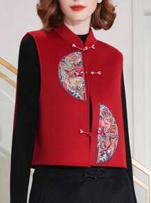 Springtime Asymmetrical Double Dragon Embroidered Cardigan Vest Top, Short Style, Sleeveless Red Cropped Jacket, Elegant And Casual Vest For Women. Fold-Front Cardigan, Unlined, A Great Gift For Mothers, A Stylish Vest, High-Quality And Fashionable, Suitable For Holidays, Shopping, Everyday Wear, Casual Occasions, Vacations, Social Events, And Parties. - Red - View 4