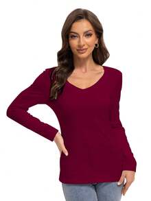LKESRC Women's Long Sleeve Shirt Soft V-Neck Top Fitted Tight Solid Color Basic T-Shirt - Đỏ tía - Xem 3