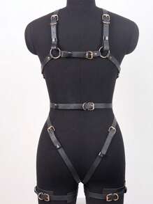 哥特式皮革紧身胸衣套装 | 笼式胸罩吊袜带 | 可调节朋克摇滚皮革内衣配件 | 防滑肩带和柔软边缘 | 新娘/俱乐部服装 - 黑色 - 查看 2
