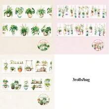 3Rolls/Bag Tape Combination, Hanging Plant Series, Delicate Green Plant Potted Landscape PET Tape, Scrapbook Supplies, Decorative Notebook Photo Frame Mobile Phone Case Water Cup Garbage Magazine Stationery Box DIY Personalized Stickers