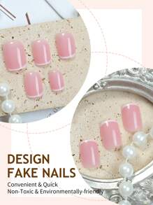 24片白色法式美甲贴纸，短款裸色方形指甲贴纸，简约法式设计，全覆盖假指甲，适合女性和女孩日常佩戴的美甲用品 - 粉色 - 查看 3