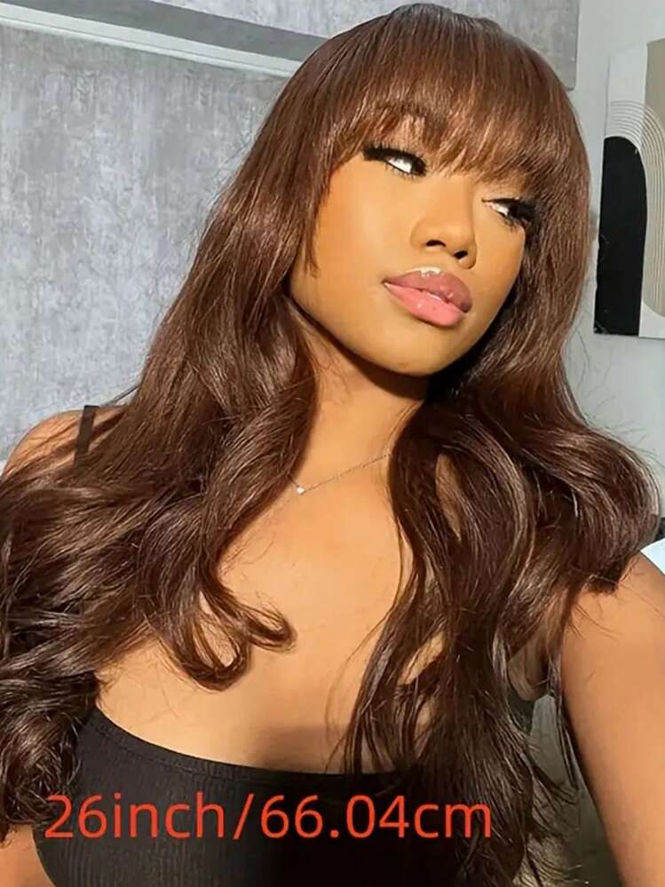 棕色波浪刘海真人发假发，无胶巴西原生发机织无蕾丝真人发假发，适合女士万圣节服装 - S4 - 查看 3