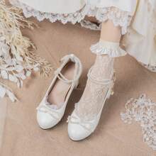 Tacones altos de mujer tipo Lolita con plataforma impermeable, perlas, lazo y tacón grueso hueco