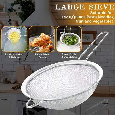 1pc Fine Mesh Strainer, Stainless Steel Colander Sifter With Reinforced Frame And Sturdy Handle, Suitable For Sifting, Filtering, Draining And Rinsing Vegetables, Pasta, Frying Sifters, Flour Sifters