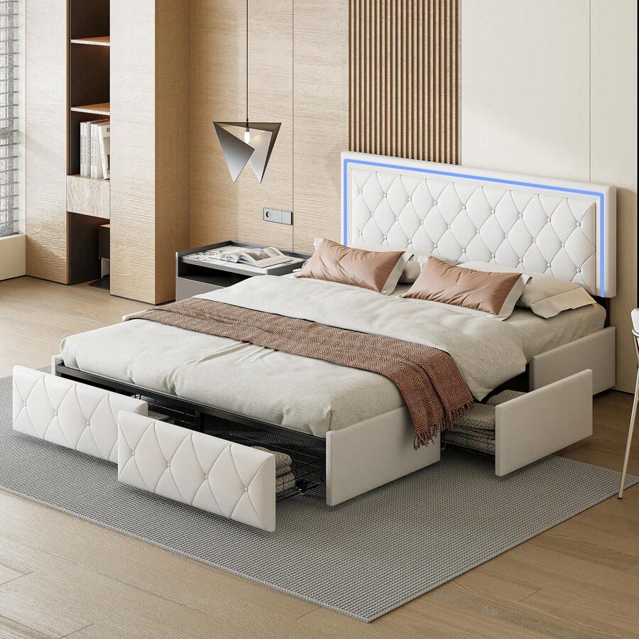Rosahqnda Upholstered Bed, Double Bed Frame With 4 Drawers, PU Leather Headboard, Youth Bed, Upholstered Bed Frame Without Mattress, 2 Sizes, White And Dark Grey - 白色 - 查看 1