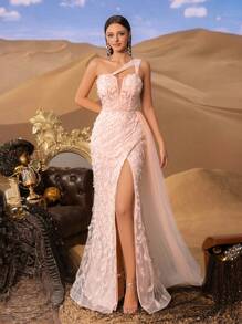 Faeriesty Elegant Off-Shoulder Beaded Mermaid Gown, High Slit, Back-Tie Detail, Perfect For Red Carpet Galas, Black-Tie Weddings, Luxury Award Ceremonies - Pink - View 4