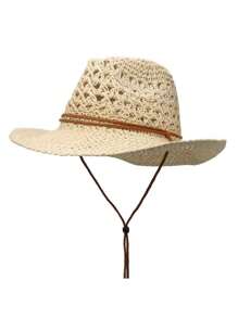 1pc Women Beige Hollow Woven Panama Hat, Cowboy Style With Wind Rope Suitable For Beach Vacation, Sun Protection And Casual Wear, Spring/Summer