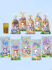 1 包 25 个复活节兔子抽绳礼品袋，可爱的卡通兔子和鸡蛋设计，塑料派对礼品袋，适合盛放糖果和零食 - 非常适合复活节、感恩节和圣诞节 - 彩色 - 查看 2