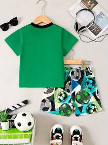 Boys' Football Pattern Green Short Sleeve T-Shirt And Shorts Set