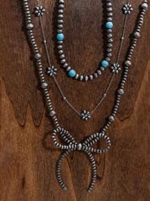 Set de 3 collares con lazo, flor, perla negra falsa y cuentas de turquesa para mujer. Estilo vaquero occidental con cadena de cuentas plateadas de material CCB, hechos a mano, regalo de cumpleaños, regalo de amistad, regalo de joyería