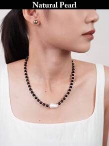 1 件时尚珍珠项链，天然黑珍珠项链配白色巴洛克珍珠，男女通用休闲和场合佩戴，礼品盒 - 黑色 - 查看 8