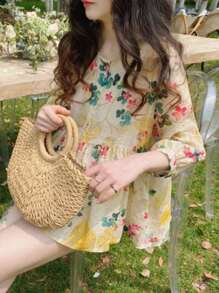 YUXIN Summer New Loose Sweet 3/4 Sleeve Round Neck Ruffle Blouse, Fashionable Bat Wing Design Ditsy Floral Shirt