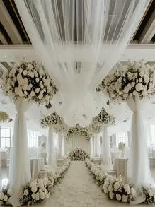 1 件白色网状婚礼拱门装饰窗帘，波浪薄纱窗帘白色悬挂背景装饰挂布适用于浪漫婚礼仪式拱门，经典涤纶装饰，适用于订婚、婚礼活动背景、婚礼场地装饰 - 白色 - 查看 1