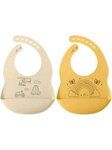 PopLittleOne 2PCS Silicone Baby Bibs Cartoon Pattern Bibs Solid Color Baby Tableware Waterproof Baby Stuff Adjustable Baby Tableware Baby Shower Gift