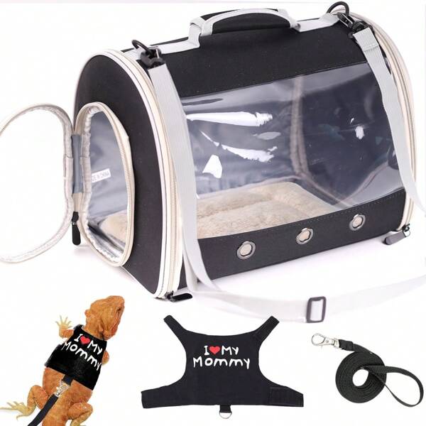 Bearded Dragon Travel Carrier With Security Printing Harness Leash Set,Lizard Carrier Cage,Guinea Pig Carrier For 2,Reptile Travel Carrier For Leopard Gecko Desert Iguana Crested Geckos