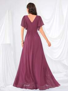 Flounce Sleeve Back Sweetheart Neck Solid Color Tulle Dress, Bridesmaid Dress, Bride Dress, Birthday Women Outfits, Graduation Dress, Formal Dress - Red Violet - View 2