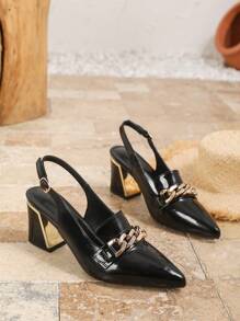 大码女士高跟玛丽珍鞋，粗跟尖头正装鞋，酒红色包头凉鞋