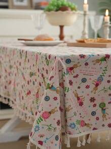 Bubaba 1pc Multi-Color Cartoon Flower Rectangular Tablecloth, Rustic Farmhouse Style Linen Print With Beige Tassel Decor, Suitable For Dining Room Round Table, Kitchen, Party, Holiday Celebration, Hotel, Cafe, Bedroom, All Seasons