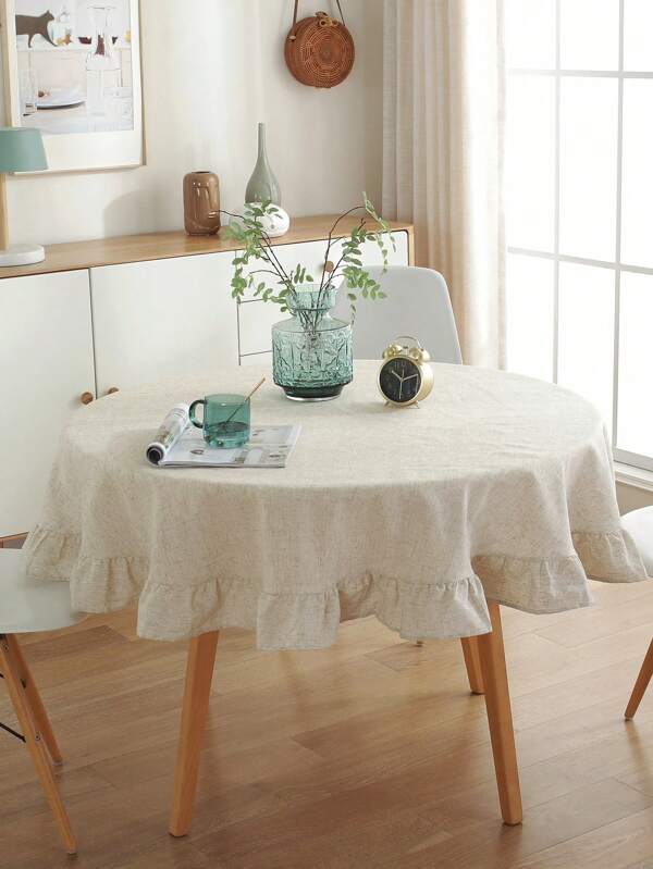 1pc Plain Lotus Edge Round Tablecloth, Suitable For Festivals, Daily Use, Gatherings, Decoration