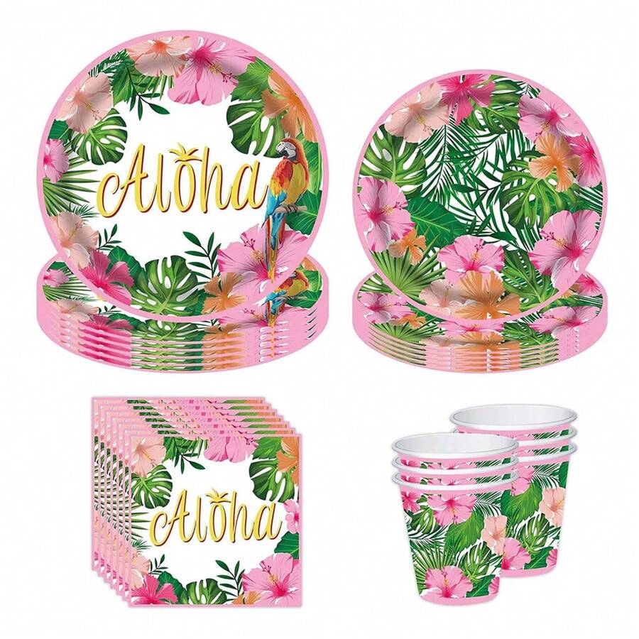 10pcs Pink Hawaiian Paper Cups Napkins Plates Tropical Luau Party Supplies 9 Inch Disposable Plates And Party Napkins Tropical Palm Leaf And Hibiscus Aloha Summer Party Tableware Set For Birthday Summer - Multicolor - View 1